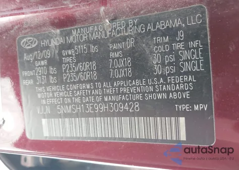 2009 Hyundai Santa Fe Se z USA, uszkodzony, nr VIN 5NMSH13E99H309428